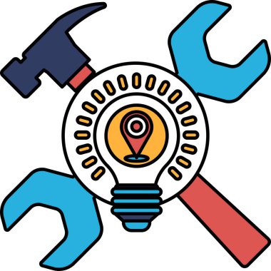Bir çekiç, anahtar ve ampul daire şeklinde gösterilir. Yenilik ve yaratıcılık kavramı