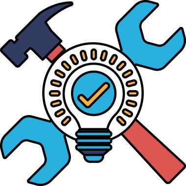 Bir çekiç, anahtar ve ampul işaretli bir daire içinde gösterilir. Yeni bir şeyi tamir etme ya da yaratma kavramı, yenilik ve çekici temsil eden ampul ile