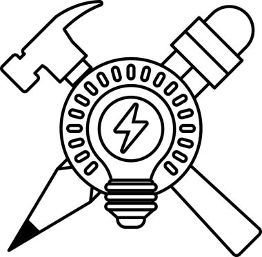 Siyah beyaz bir çekiç, bir kalem, bir İngiliz anahtarı ve bir ampul çizimi. Çizim, icadın sembolleri olan araçlar ve ampuller gibi yaratıcılık ve yenilik fikrini iletiyor.