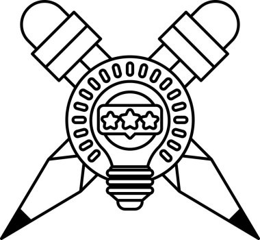 Kalem ve makasla bir ampulün siyah beyaz çizimi. Ampul üç yıldızla çevrilidir, ve kalem ve makas onun üzerinde konumlanmıştır.