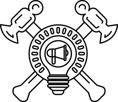 Siyah beyaz bir çekiç ve ortasında ampul olan bir balta çizimi. Ampul içinde zil olan bir daire ile çevrilidir. Çizim, yaratıcılık ve yenilik fikrini aktarıyor.