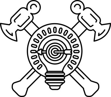 Siyah beyaz bir çekiç ve ortasında ampul olan bir balta çizimi. Ampul merkezinde hedef olan bir daire ile çevrilidir. Yenilik ve yaratıcılık kavramı