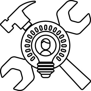 Kafasında ampul olan birinin siyah-beyaz çizimi. Resimde arka planda çekiç ve İngiliz anahtarı olan bir kişi var.