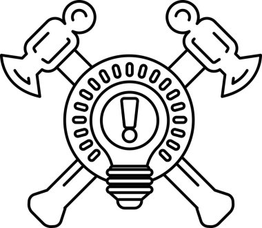 Siyah beyaz bir çekiç ve ortasında ampul olan bir balta çizimi. Ampul, merkezinde soru işareti olan bir daire ile çevrilidir.