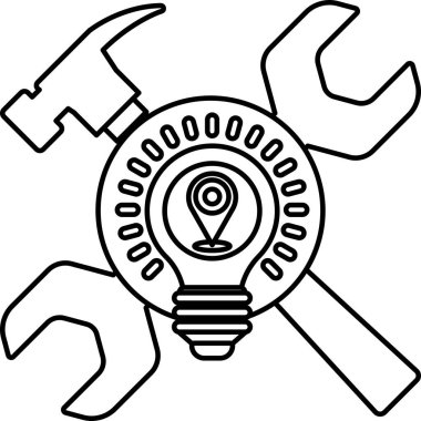 Siyah beyaz bir çekiç, anahtar ve ampul çizimi. Ampul içinde harita olan bir daire ile çevrilidir. Çizim, yenilik ve yaratıcılık fikrini aktarıyor.