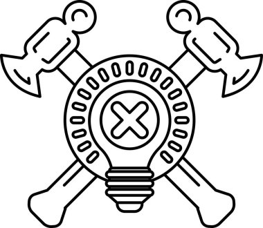 Siyah beyaz bir çekiç ve ortasında ampul olan bir balta çizimi. Çizim, yaratıcılık ve yenilik fikrini aktarıyor.
