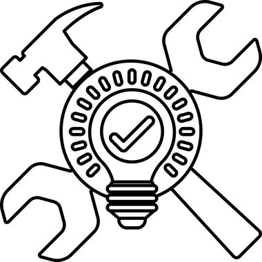 Siyah beyaz bir çekiç, anahtar ve ampul çizimi. Ampul içinde kontrol işareti olan bir daire ile çevrilidir. Yenilik ve yaratıcılık kavramı