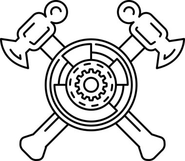 Siyah beyaz bir çekiç ve ortasında dişli bir balta çizimi. Çizim, inşaatta kullanılan ve inşa etme ve yaratma fikrini temsil eden bir araçtır.