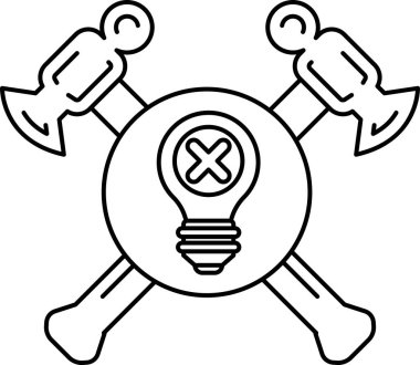 Siyah beyaz bir çekiç ve ortasında ampul olan bir balta çizimi. Ampul bir X ile çevrilidir. Çizim, yeni bir şey yaratmak için araçları kullanma fikrini iletiyor