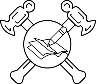 Siyah beyaz bir çekiç ve bir kağıt parçalı kalem çizimi. Çizim üzerinde bir kalem olan bir kitap.