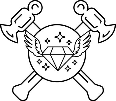 Siyah beyaz bir çekiç ve üzerinde elmas ve kanatlar olan bir balta çizimi. Elmas yıldızlarla çevrilidir ve kanatları üzerindedir. Güç ve güç kavramı
