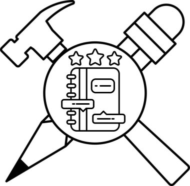 Siyah beyaz bir çekiç, bir kalem ve bir kitap çizimi. Kitap üç yıldızlı bir sayfayı açıyor. Çizim, yaratıcılık ve üretkenlik fikrini aktarıyor.