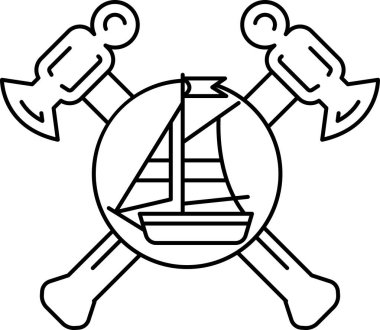 Siyah beyaz bir gemi ve bir balta çizimi. Balta geminin sol tarafında ve gemi de baltanın sağ tarafında.