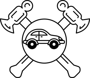 Ortasında araba olan bir kafatası ve çapraz kemikler. Kafatası ve çapraz kemikler çekiç ve balta tutuyor.