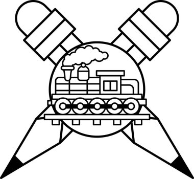 Arka planda roket olan bir tren raydadır. Tren siyah beyaz.