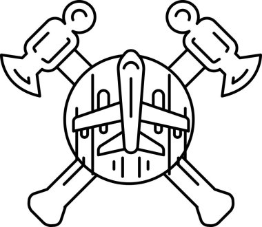 Siyah beyaz bir uçak ve çekiç çizimi. Uçak çizimin tam ortasında ve çekiç de sağ tarafta. Çizimin güçlü ve cesur bir havası var, uçakla.