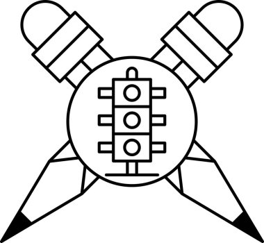 Ortada trafik ışığı olan siyah beyaz bir kalem ve bir makas çizimi.