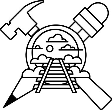 Bir çekiç ve bir kazma tren yolunun üzerinden geçer. Tren yolu bulutlarla çevrili.