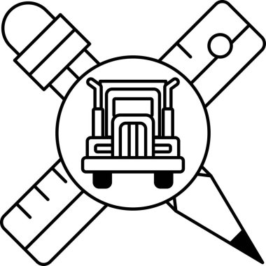 Haçın ortasına kurşun kalem ve cetvelle bir kamyon çizilir. Kamyon siyah beyaz.