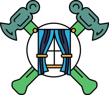 Çekiç ve çivi şirketi için logo. Logoda bir çekiç ve ortasında perde olan bir çift çivi yer alıyor. Perde mavi ve beyaz, ve çekiç ve çivilerle çevrili.