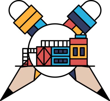 Kalem ve kalemle çizilmiş bir bina. Kalem ve kalem birbirinin üzerine geçmiş.