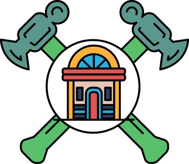 Üzerinde çekiç ve çivi olan bir ev. Çekiç ve çivi evin sol tarafında.