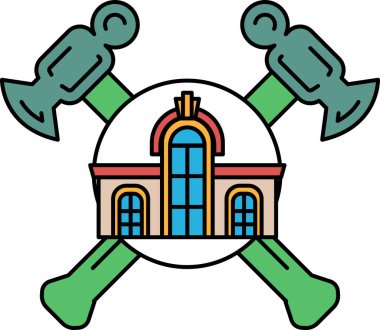 Üzerinde çekiç ve İngiliz anahtarı olan bir bina. Çekiç sol tarafta, anahtar da sağ tarafta.