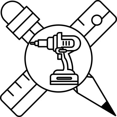 Matkap ucu ve kurşun kalemin siyah beyaz çizimi. Matkap ucu bir daire ile çevrilidir ve kalem dairenin sağ tarafındadır. Bir şey yaratma ya da inşa etme kavramı