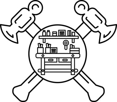 Ortasında bir tezgah olan çekiç ve örsün siyah beyaz çizimi. Çekiç ve örs tezgahın sol tarafında ve tezgah da sağ tarafta.