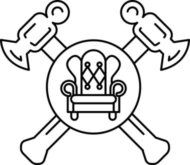 Her iki tarafında balta ve çekiç olan siyah beyaz bir sandalye çizimi. Sandalye görüntünün ana odak noktasıdır ve çekiç ve balta dekoratif elementler olarak kullanılır.