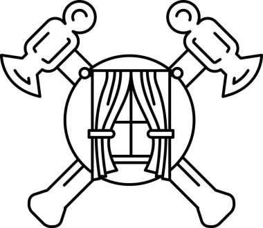 Siyah beyaz bir çekiç ve ortasında perde olan bir balta çizimi. Çekiçle baltayı birbirine geçirir ve perde ortada kalır.