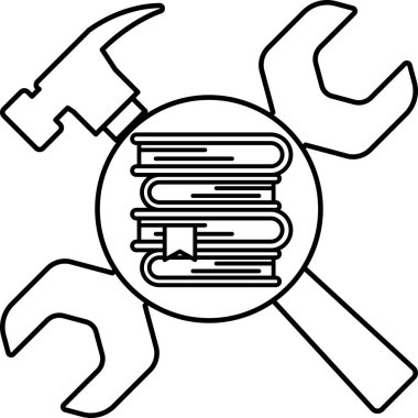 Bir çekiç, anahtar ve kitapların hepsi aynı resimde. Kitaplar bilgi ve öğrenmeyi temsil ederken, çekiç ve ingiliz anahtarı işleri düzeltmek için kullanılır. Görüntü, öğrenmenin