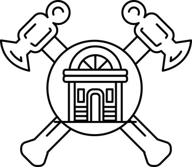 Siyah beyaz bir çekiç ve ortasında bir ev olan bir balta. Ev bir daire ile çevrili ve çekiç ve balta her iki tarafında.