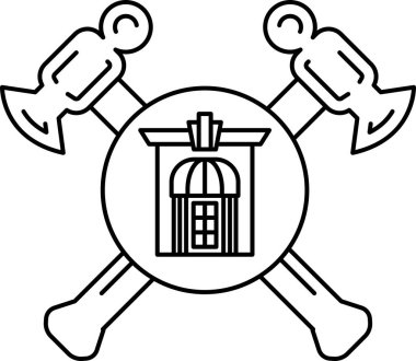 Siyah beyaz bir çekiç ve arka planda bina olan bir çekiç çizimi. Bina bir otel.