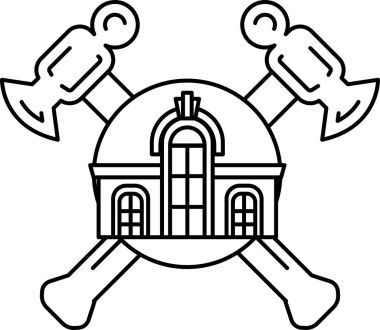 Siyah beyaz bir çekiç ve arkasında bir bina olan bir örs çizimi. Çekiçle örs üst üste binmiş. Bina da çizimin tam ortasında.