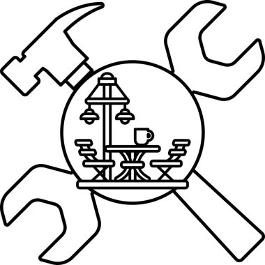 Bir şeyleri tamir etmekte uzmanlaşmış bir şirketin logosu. Logoda bir çekiç, bir ingiliz anahtarı ve bir bardak var. Çekiç ve anahtar logonun sol tarafında, bardak ise sağ tarafta.