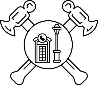 Çekiç ve örsün siyah beyaz çizimi. Telefon kulübesi ve ortasında lamba direği var.