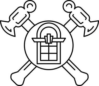 Siyah beyaz bir çekiç ve ortasında pencere olan bir balta çizimi. Pencere bir daire ile çevrili ve çekiç ve balta her iki tarafında.