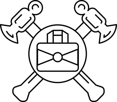 Siyah beyaz bir çekiç ve ortasında evrak çantası olan bir balta çizimi. Evrak çantası açık ve üzerinde H harfi var.