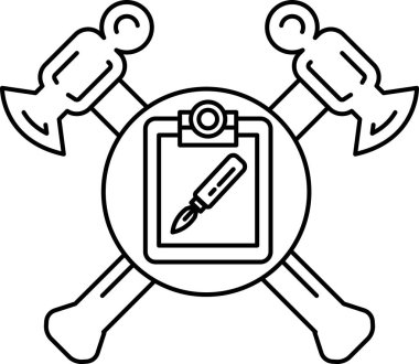 Siyah beyaz bir çekiç ve üzerinde kalem olan bir pano çizimi. Çekiç ve not panosu birbirinin üzerine geçmiş ve kalem de panonun üstünde.