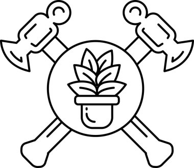 Siyah beyaz bir çekiç ve saksıda bitki olan bir balta çizimi. Çizim, sıkı çalışma ve büyüme fikrini aktarıyor.