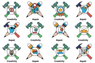 Çekiç ve makası da içeren bir takım aletler. Altlarında 