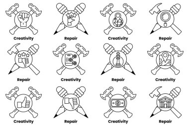 Yaratıcılık, onarım ve yaratıcılık gibi farklı kavramları temsil eden bir dizi sembol. Semboller, her sembolün farklı bir anlamı olan bir ızgaraya dizilmiştir.