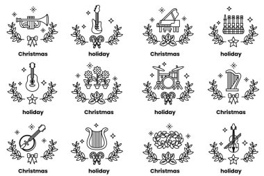 Müzik enstrümanları ve sanat tarzında Noel tatili konsepti.