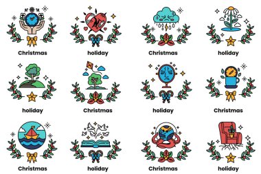 Görüntü, Noel ve bayram temalı simgelerden oluşuyor. İkonlar arasında bir ağaç, bir kuş, bir sandalye, bir saat, bir insan, bir ev, bir tekne, bir çiçek ve bir yıldız yer alıyor.