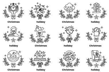 Görüntü, Noel ve bayram temalı simgelerden oluşuyor. İkonlar arasında bir ağaç, bir kuş, bir sandalye, bir saat, bir insan, bir ev, bir tekne, bir çiçek ve bir yıldız yer alıyor.