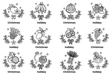 Sanat tarzında sebze, meyve ve Noel tatili kavramında bir dizi çizim.