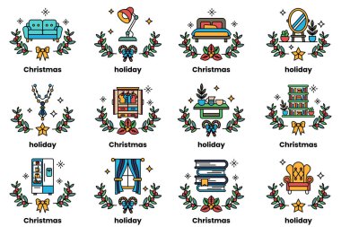 Mobilya ve Noel tatili kavramının sanat tarzında bir çizimi.