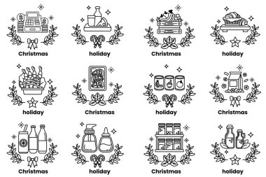 Bir dizi Noel ve bayram temalı ikonlar. İkonlar arasında bir Noel ağacı, bir çelenk, bir alışveriş arabası ve bir sepet meyve yer alıyor.
