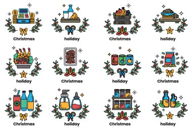 Bir dizi Noel ve bayram temalı ikonlar. İkonlar arasında bir Noel ağacı, bir çelenk, bir alışveriş arabası ve bir sepet meyve yer alıyor.